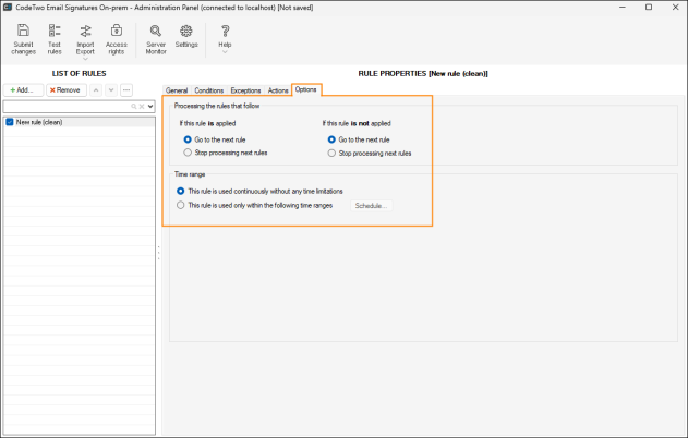The rule options tab.