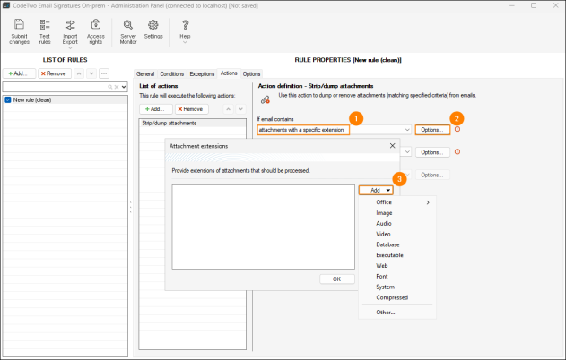 Specifying the extension criteria for the attachment filter.