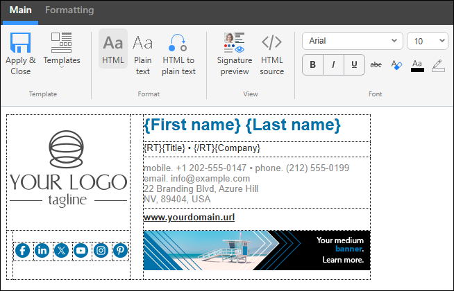 Example of a shared mailbox signature (with the user’s personal data and shared contact info).