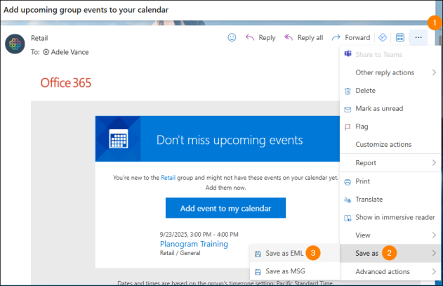 Saving a message in the EML format in the new Outlook for Windows.