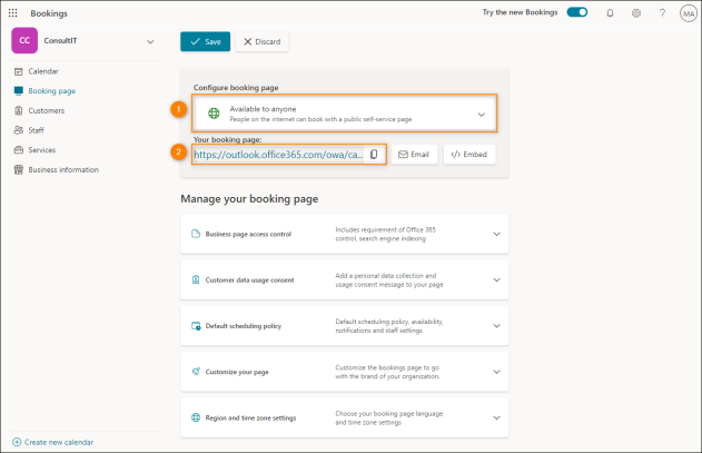 The settings available for the booking page.