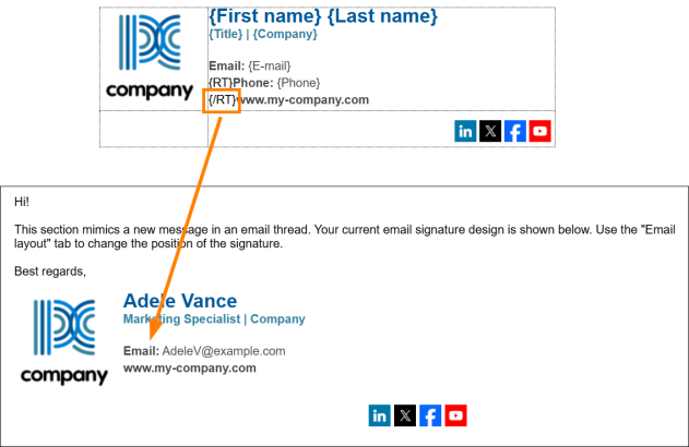 Correct RT tag placement removes the blank line if the placeholder is empty.