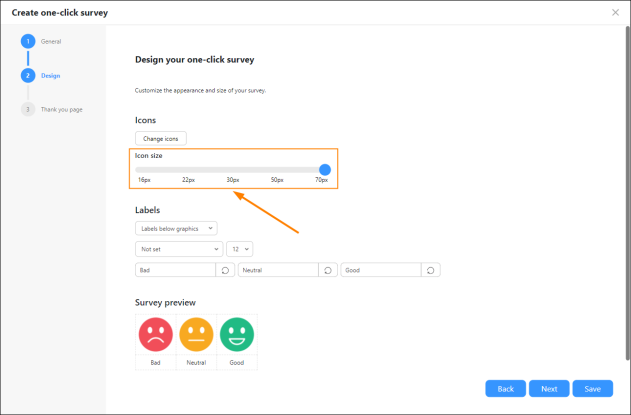 Checking the size of the one-click survey icons to prepare custom ones of the same size.