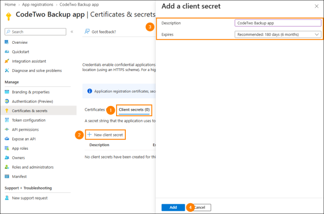 Creating a new client secret for an application registered in Entra ID.