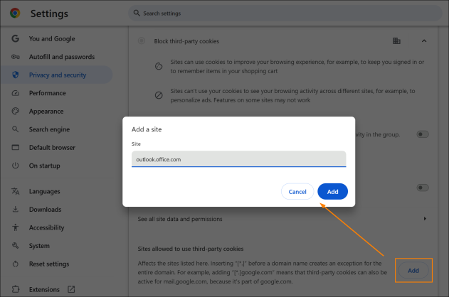 Allowing third-party cookies for Outlook in Google Chrome.
