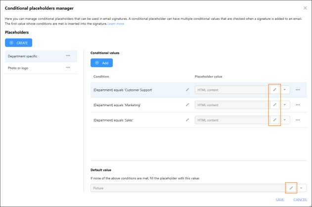 Previewing the details of conditional placeholder settings.