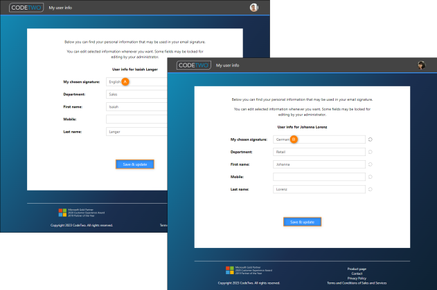 Choosing the default signature on the My user info page.