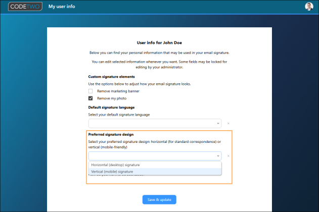 Selecting a preferred signature template in My user info.