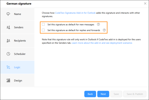Leave these options unselected if you want users to select this signature manually.