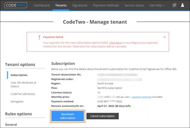 Subscription management options - payment failure.