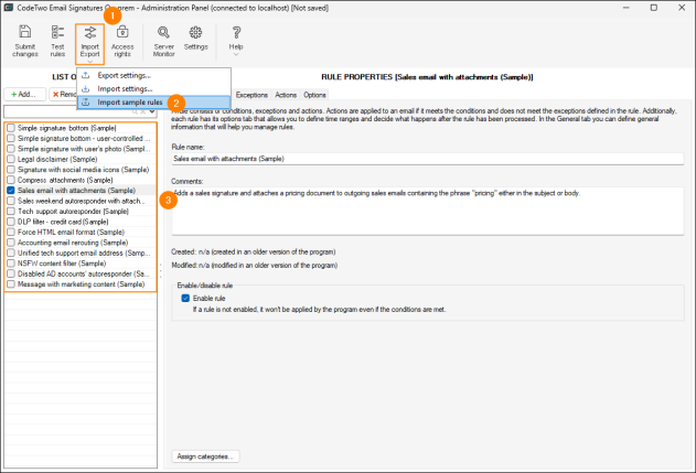 A list of sample rules included in the program. The Sales email with attachments (Sample) rule is active.