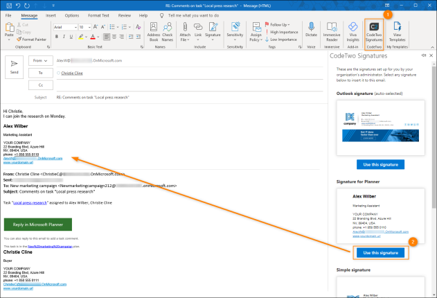 Manually inserting the Planner message signature.