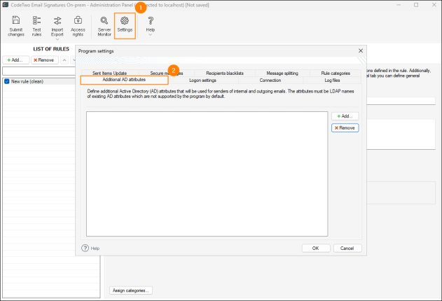 Opening the Additional AD attributes settings.