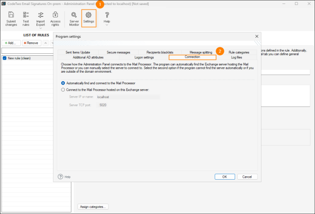 Connection settings.