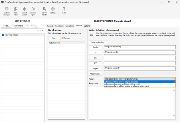 Available auto respond actions.