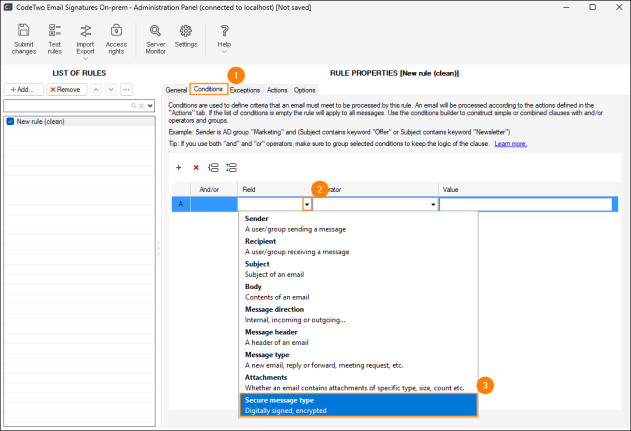 Setting up the Secure message type condition.