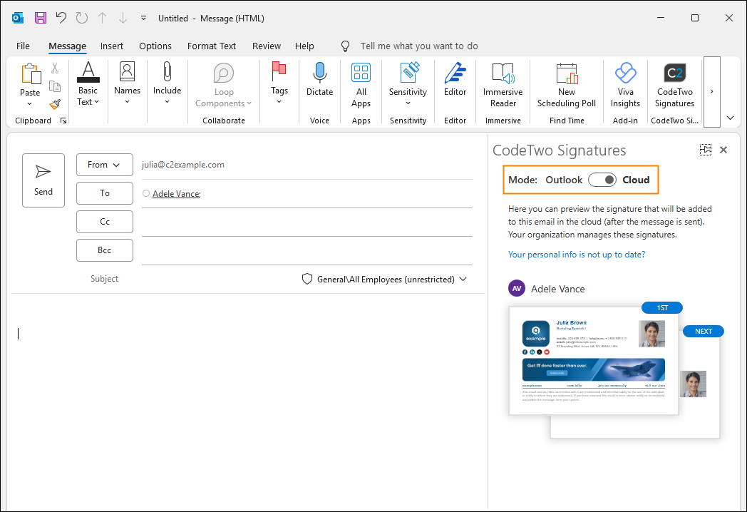 The toggle lets you switch between cloud (server-side) and Outlook (client-side) signatures.