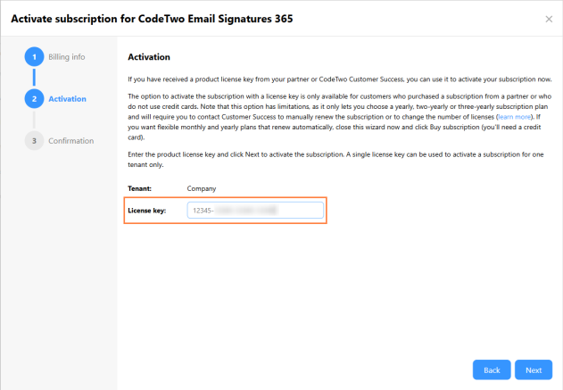 Activating the subscription with a product license key.