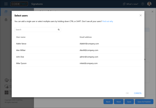 A user picker in CodeTwo's Signatures app.