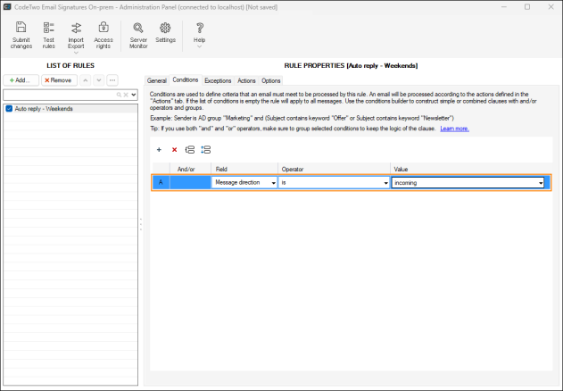 Setting the condition to Message direction is incoming.