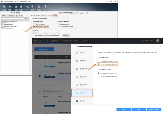The option that prevents next rules from processing in Exchange Rules software family (top window) and CodeTwo Email Signatures 365 (bottom window).