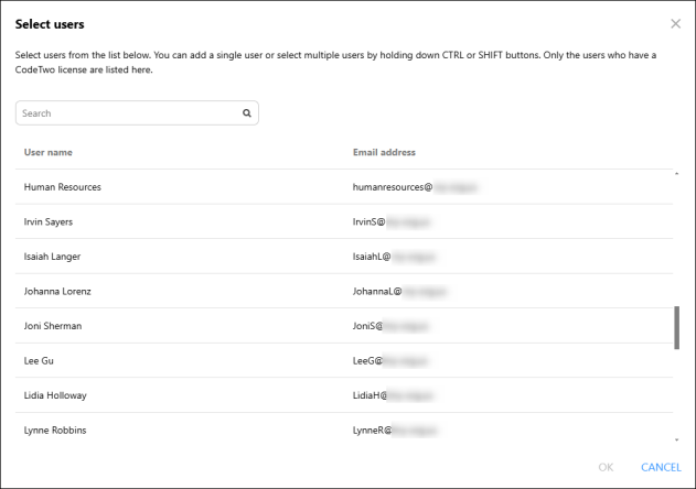 The user picker shows the primary email addresses (mailboxes) for all domains added to your tenant.