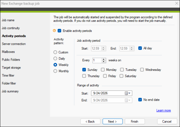 Choosing the job's activity periods.