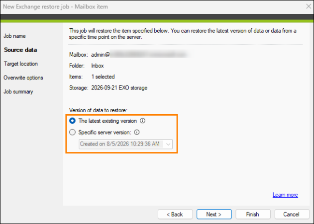Selecting a specific version of Exchange Online data to be restored.