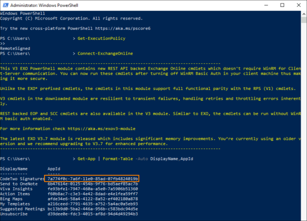 Obtaining the AppId of the CodeTwo Signatures add-in using PowerShell.