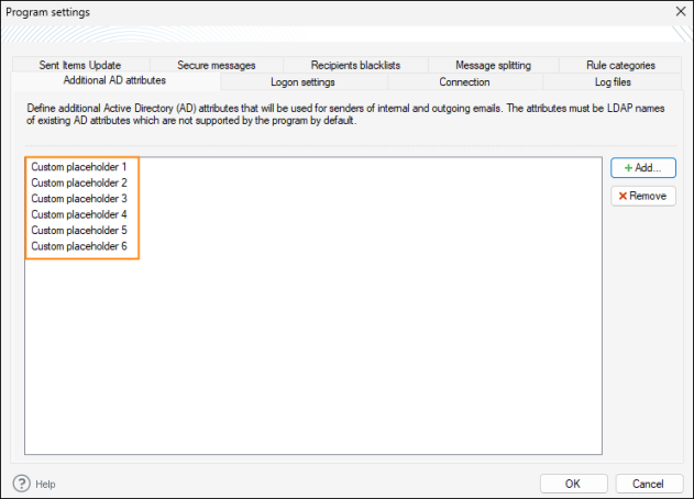 Additional AD attributes (custom placeholders) in the program's settings.