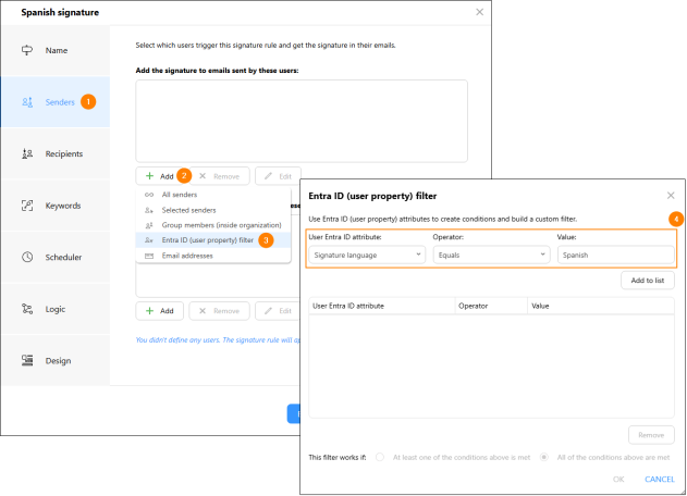 Adding an Entra ID (user property) filter based on the signature language attribute in the Senders step.