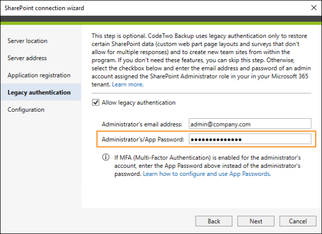An example of using an app password in CodeTwo Backup.