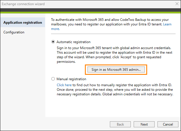 Automatic registration of CodeTwo Backup in Entra ID.