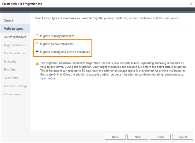  To migrate archive mailboxes, you need to select one of the options marked in the figure above.