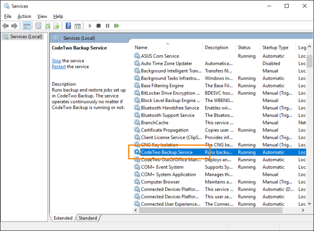 Locating CodeTwo Backup Service.