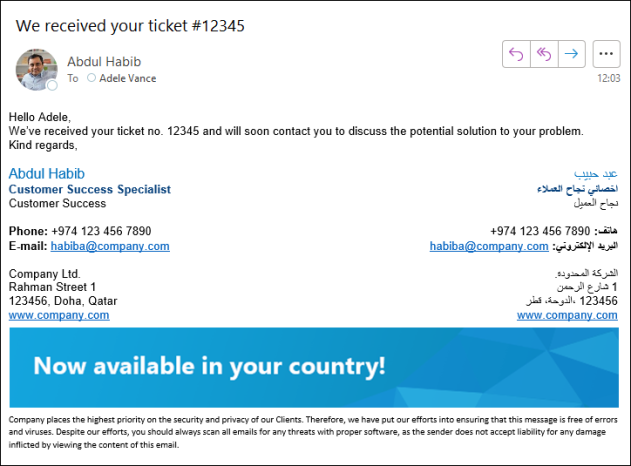 The signature with user’s details both in English and Arabic as seen by a recipient.