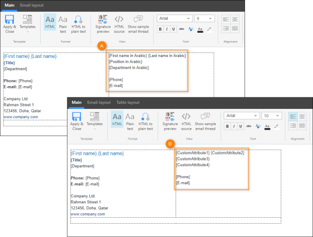 The two versions of the initial design of the Arabic language section, depending on the used type of custom attributes (A – CodeTwo, B – Exchange Online).
