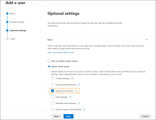 Assigning an admin role to a user.