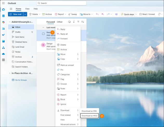Downloading a message in the MSG format from Outlook on the web (OWA).