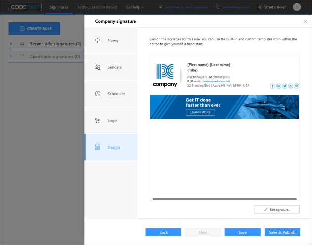 Outlook (client-side) signature template preview.