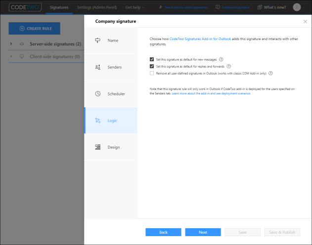 Additional options available for Outlook signature rules.