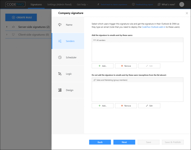 Selecting users to which the client-signature rule will apply.