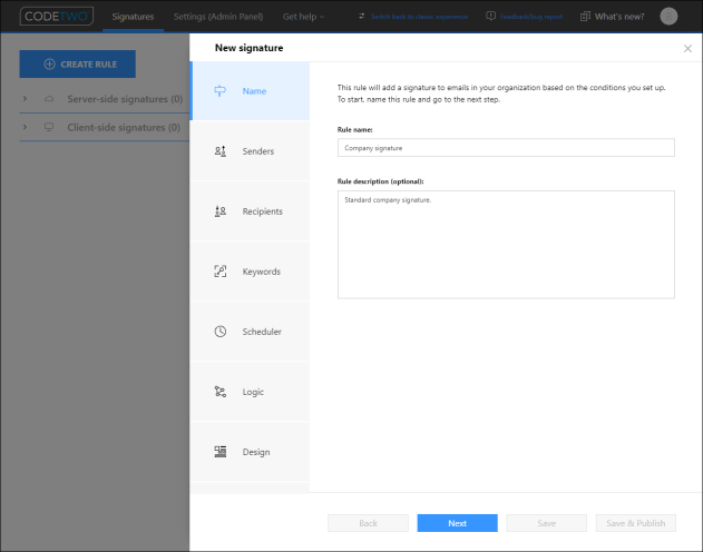 Entering a name and description for the new cloud signature rule.