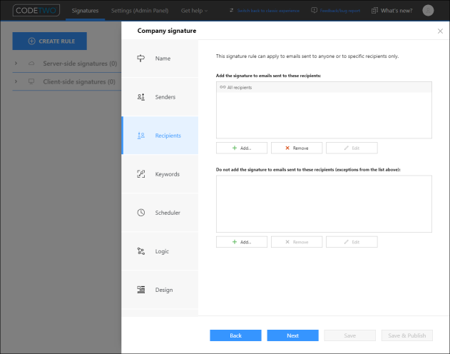 Choosing the recipients. Here, the cloud signature rule is set to apply to emails sent to anyone.