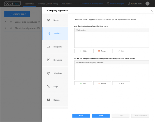 The Senders step with one condition (All senders) and one exception (Sales and Marketing) selected.