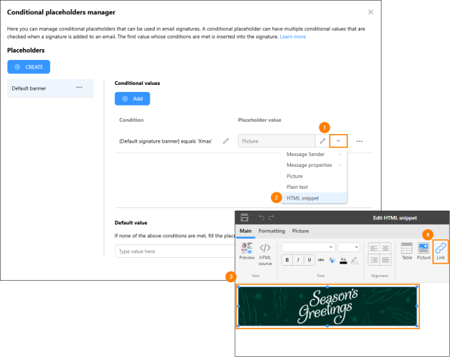 Adding a clickable link to the banner in the Edit HTML snippet window.