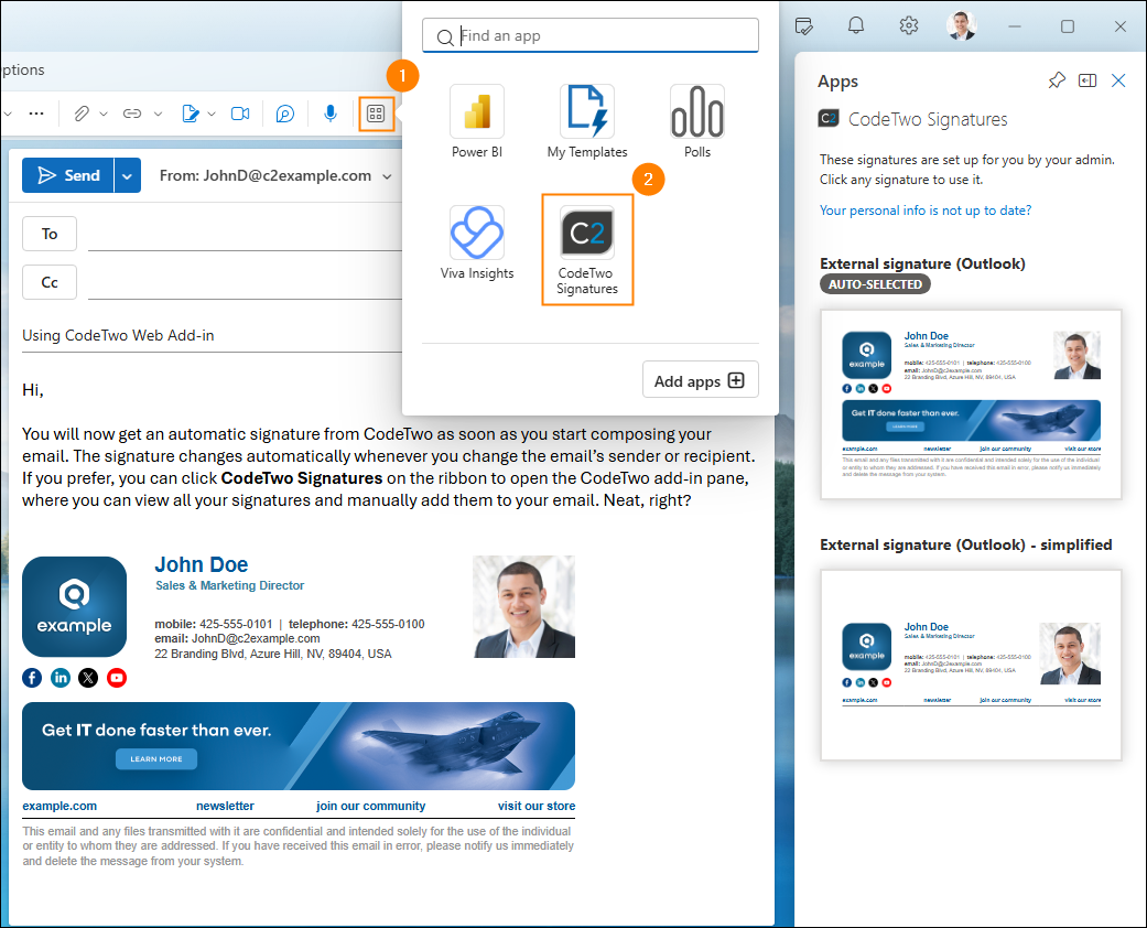 Opening the CodeTwo Outlook Add-in’s pane in the new Outlook for Windows.