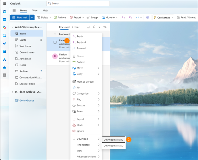 Downloading a message in the EML format from Outlook on the web (OWA).
