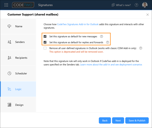 Ensure these options are selected so that the shared mailbox signature is added automatically.