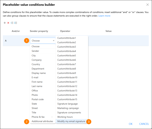 Selecting the CodeTwo custom attribute in the placeholder value conditions builder.